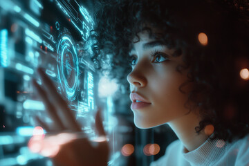 A young African American woman is closely examining a glowing, futuristic digital interface in a high-tech environment which shows her reflection