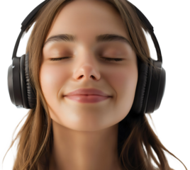 Portrait of beautiful young happy smiling woman wearing headphones isolated. Girl listening to audiobook, radio or music song. Casual student dance on fun audio, wireless technology, playlist