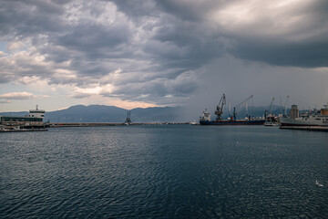 Rijeka Croatia 25.06.24 Large merchant ship and cargo cranes in port
