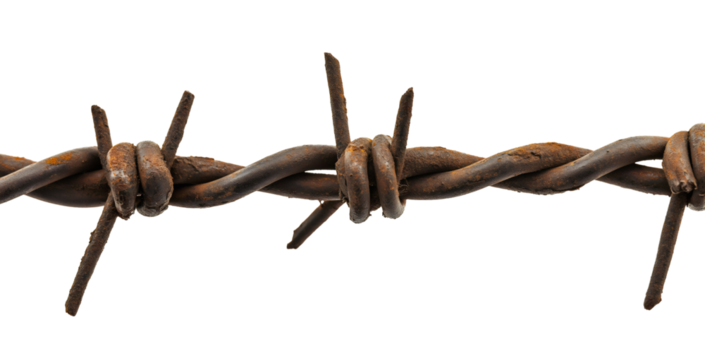 Rusty barbed wire isolated on transparent background. Prison jail border barrier metal iron fence, steel safety security boundary, forbidden private warning, defense, protect, army, military