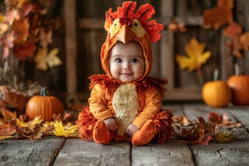 Baby in Turkey Costume Surrounded by Fall Leaves and Pumpkins. Thanksgiving Theme.