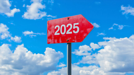 Text 2025 on red sign against blue sky. New Year resolution and goal to change and progress, business success and growth strategy, future challenge vision, start or beginning, startup, calendar