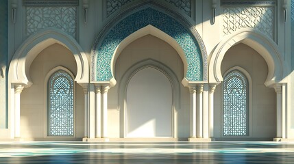 Obraz premium White Mosque Interior with Intricate Arches and Windows