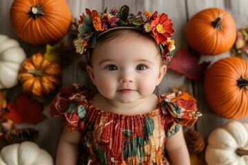 Smiling Baby Girl in Fall Floral Dress with Autumn Pumpkins and Leaves
