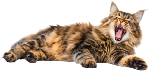 Yawning cat lying on floor isolated on transparent background. Cute sleepy domestic pet animal, open mouth, tongue, tired, bored