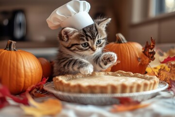 Kitten in a tiny chef's hat, surrounded by miniature pumpkins and fall leaves, playfully pawing at a Thanksgiving pie 