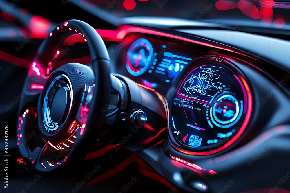 Poster Neon color digital displays with futuristic interfaces and glowing effects, illustrated in a scene where digital displays feature neon-colored interfaces, with glowing effects and vibrant graphics
