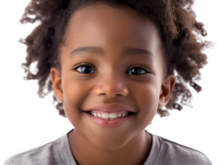 Portrait of happy smiling little black African American boy isolated on transparent background. Male child or kid cheerful schoolboy joy, standing, positive, ethnicity