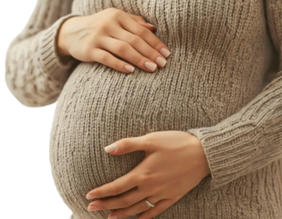 Closeup of pregnant woman holding hands on her belly, stomach isolated. Motherhood or maternity concept, expecting to give birth to baby child, parent health love and care, prenatal mom tummy abdomen