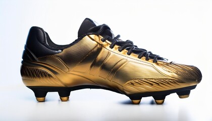a gold and black soccer cleat with sharp spikes ready for the field