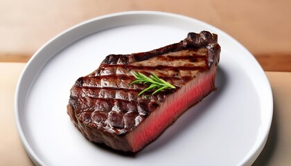 a piece of steak is on a white plate