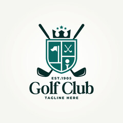 simple modern golf club badge icon logo vector illustration design. golf club with crossed stick, ball golf, and flag emblem logo