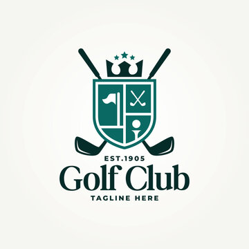 simple modern golf club badge icon logo vector illustration design. golf club with crossed stick, ball golf, and flag emblem logo