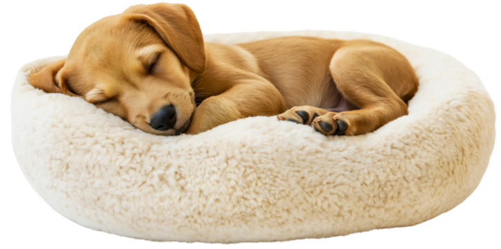 Puppy dog sleeping in comfortable soft bed isolated on transparent background. Domestic pet animal relax and rest at home, lying on fluffy pillow, cozy bedding basket, fur, nap, tired