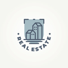 minimalist real estate building with shield line art badge icon logo vector illustration design. simple modern real estate, apartment, property emblem logo concept