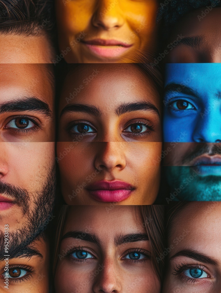 Aufkleber Faces of diverse individuals are separated by a line, highlighting division and bias with bright contrasting colors emphasizing uniqueness. Generative AI
