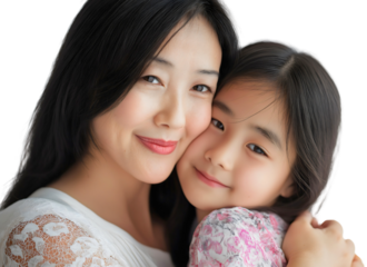 Portrait of adult Asian woman mother or mom and little preschool girl or daughter, female child kid hug with parent isolated. Embrace love relationship, together, generation, positive, two, mommy