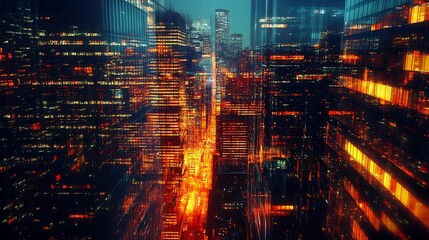 Fototapeta premium Cityscape at Night with Illuminated Windows