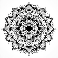 A black and white mandala illustration with ornamental floral patterns and spiritual symbolism.