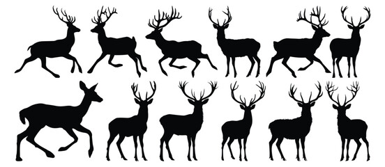 Deer silhouettes set, animal pack of vector silhouette design, isolated background