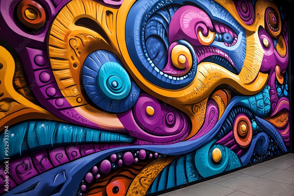 Poster Neon color graffiti art with dynamic and expressive patterns, depicted in an artwork where a graffiti mural features neon-colored patterns and shapes, creating a bold and eye-catching piece