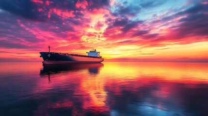 Naklejka premium A cargo ship reflecting the sunset�s glow on a dramatic sky and water.