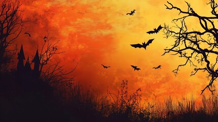 A Spooky Twilight Scene with Bats and Shadows