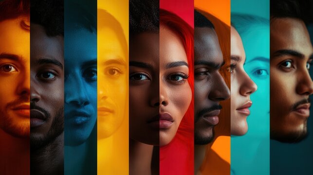 Diverse faces showcase individuality and separation through vibrant colors and barriers, highlighting the themes of bias and difference. Generative AI
