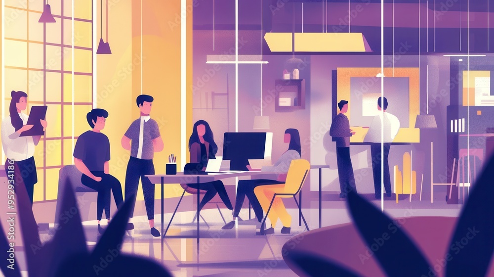 Poster a mix of people engage in various tasks in a contemporary office setting filled with natural light, 