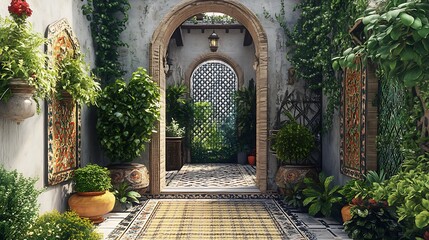 Fototapeta premium Ornate Archway Leading to a Lush Courtyard