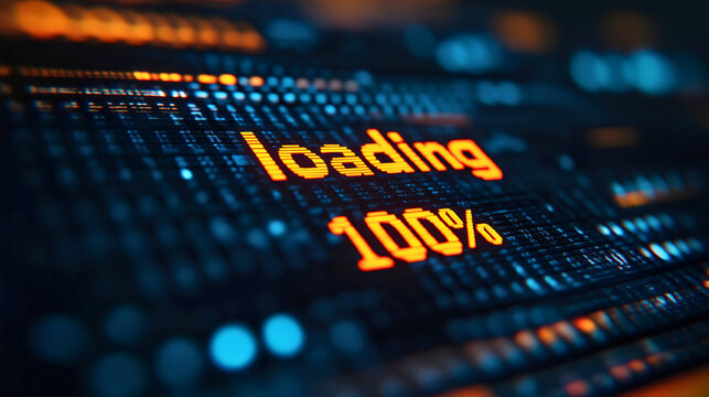 Text loading 100% on display screen. Download process progress percentage, information load indicator, upload status, business dashboard data - Powered by Adobe