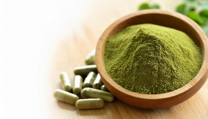 wooden bowl moringa powder and capsules healthy advertising background banner