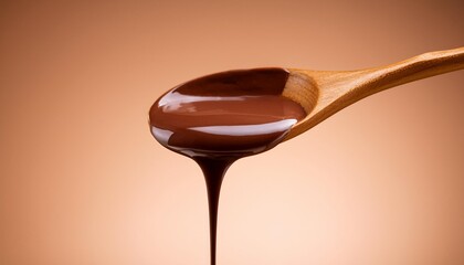 liquid chocolate dropping from a wooden spoon isolated on a light brown background