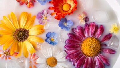 abstract background of colorful frozen flowers in milk ice and water