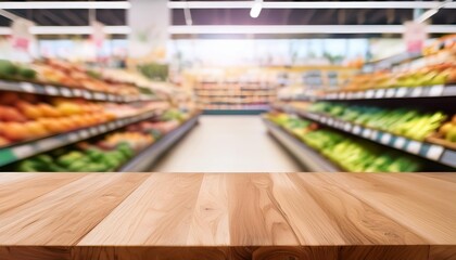 Fototapeta premium empty wood table top with supermarket blurred background for product display