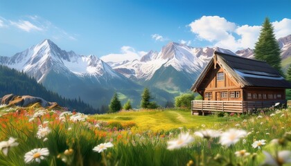Fototapeta premium anime background of wooden cottage nestled in a lush meadow of wildflowers against the backdrop of snow capped mountains