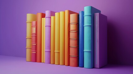 Naklejka premium A bookshelf filled with books in rainbow-colored covers, creating a lively display.