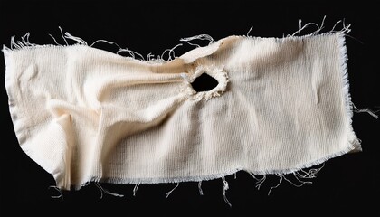 teared rag spread isolated on black background isolated on black backdrop or any texture white hole in the tissue unbleached beige fabric with torn stitch hole and loose threads