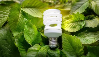 a luminous environmentally friendly spiral light bulb is located among bright green leaves