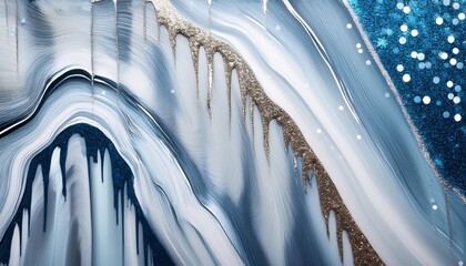 colored drip abstract ink white strips stains on blue wave liquid ocean paint art texture shimmering gray wooden glitter overlay bokeh defocused generative ai