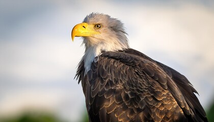 Obraz premium a juvenile bald eagle haliaeetus leucocephalus on a perch with the background blurred