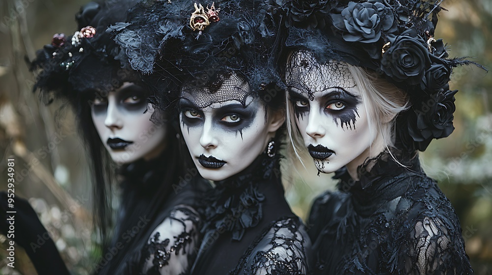 Wall mural Three women in black lace dresses and veils, with bold gothic makeup.