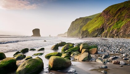 rocks on beach with green cliff