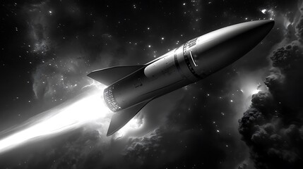 A spaceship in space with its engine firing