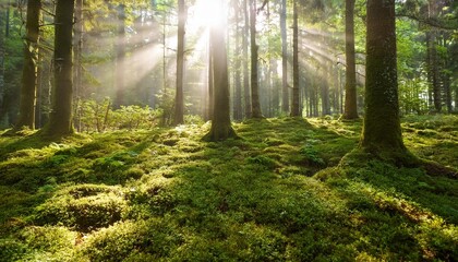 Obraz premium beautiful forest with moss covered soil and sunbeams through the trees