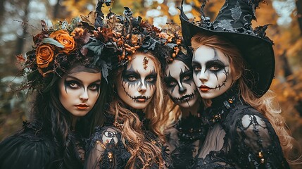 Obraz premium A Halloween witch in spooky makeup, lost in a dark and mystical forest.