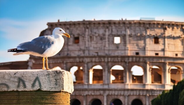 seagull in roma in front of colleseum