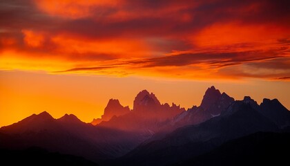 mountain range silhouetted against a vivid orange sunset sky with stylized clouds