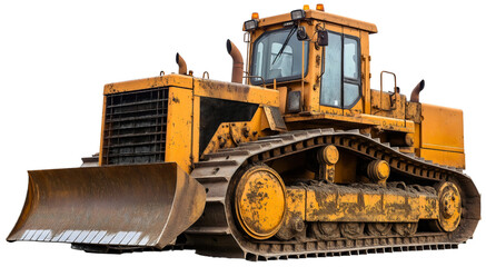 Obraz premium Yellow bulldozer isolated on transparent background. Heavy loader vehicle with hydraulic shovel bucket for work on industrial construction site. Scoop equipment on digger machine, earthmover, power
