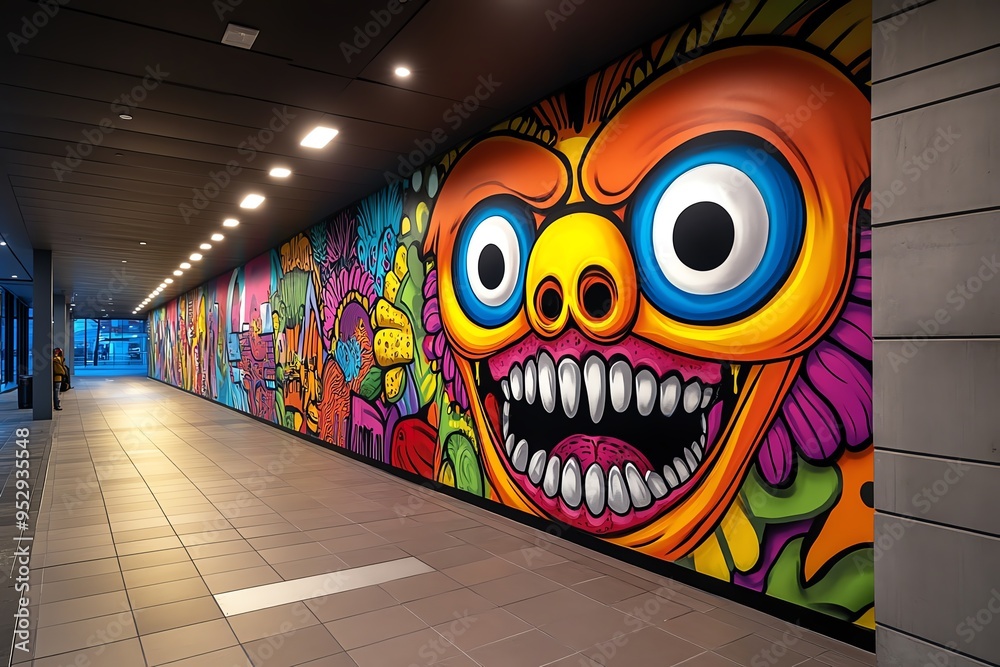 Poster neon color graffiti with bold and expressive patterns, illustrated in a scene where a graffiti mural